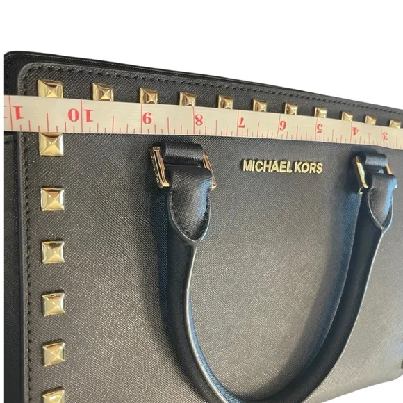 Michael Kors Black Studded Saffiano Leather Satchel‎ Crossbody Medium Purse Bag - Picture 13 of 15